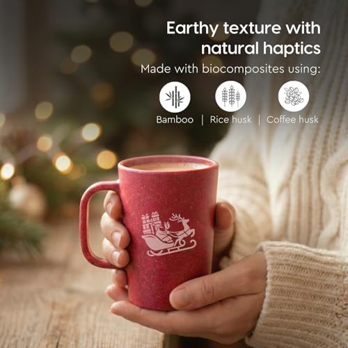 Image of Eha Earth-Friendly Christmas Gifts for Friends and Family | Secret Santa Gifts | Made with Rice Husk | Printed Christmas Mug and Coasters Set of 2, Keychain & a Loopac Box | 350 ml | Coral
