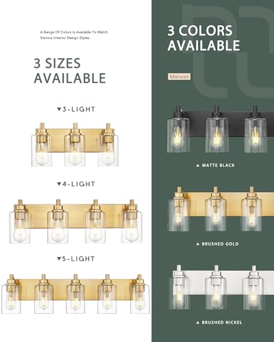 METWET 3-Light Bathroom Light Fixtures, Brushed Gold Vanity Light with Cylinder Clear Glass Shade, Modern Vanity Lighting Fixtures Over Mirror, VL143-BG-3