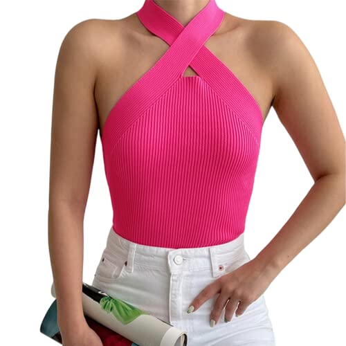 YANGPP Oberteile Damen,Camisole Mit Überkreuzten Trägern, Schulterfrei, Enges, Einfarbiges Strickoberteil,Pink,L Cover