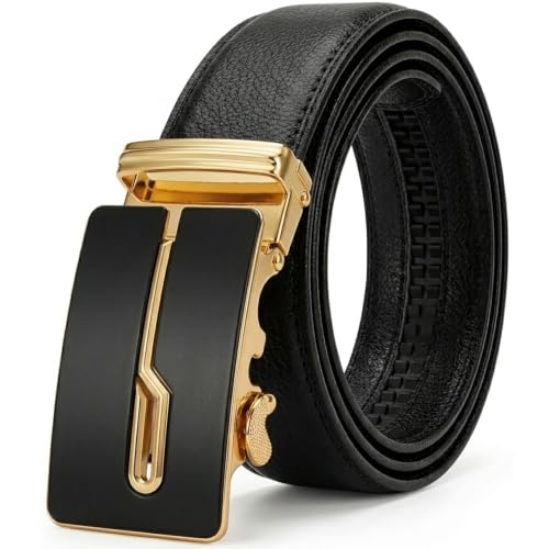 Image of JINIU Men's Ratchet Belt Buckle, Black Genuine Leather Slide Belt for Men Dress Suit, Micro Adjustable Trim to Fit Boxed