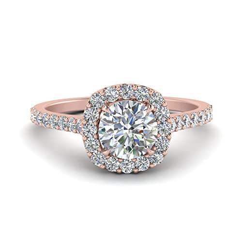 Image of Choose Your Gemstone Round Diamond CZ Square Halo Ring Rose Gold Plated Round Shape Petite Engagement Rings Matching Jewelry Wedding Jewelry Easy to Wear Gifts US Size 4 to 12