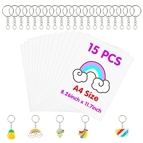 FASBET 135pcs Big Size Heat Shrinky Paper Keychain Kit with 120pcs Keychains Accessories and 15pcs A4 (11.7x8.3) Clear Heat Shrinky Art Film Paper for Christmas Making Creative Craft Handwork