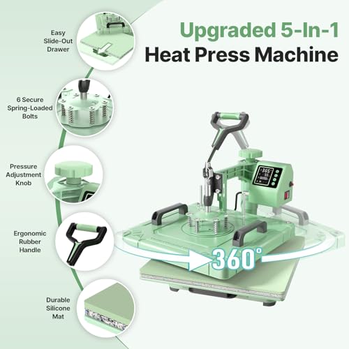 Image of Slendor 15x15 Inch Heat Press 5 in 1 Heat Press Machine, 360-Degree Swing Away Digital T Shirt Pressing Machine Multifunction Heat Transfer Sublimation Combo for T Shirts Mugs Hat Plate Cap