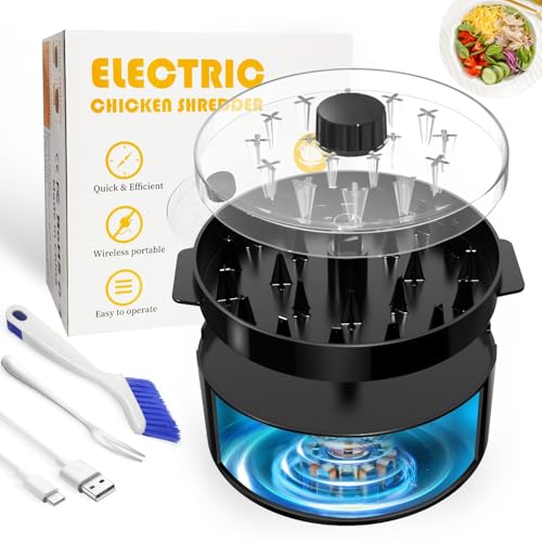 Fitdays Automatic Electric Chicken Shredder |Type-C Fast Charge & 60min Runtime |8"/20CM Visible Shredding Chamber with Brush/Fork |BPA-Free Dishwasher Safe|for Meal Prep/Bodybuilding/Kitchen (Black)