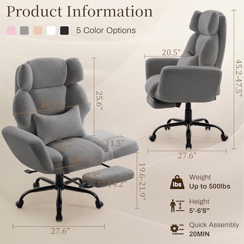 Image of Office Chair with Flip Armrests,Big and Tall Office Chair with Foot Rest,Extra Wide Seat & Lumbar Pillow,Comfy Criss Cross Chair for Pets Sitting,Ergonomic Computer Gaming Chair,Teddy Fleece,Grey