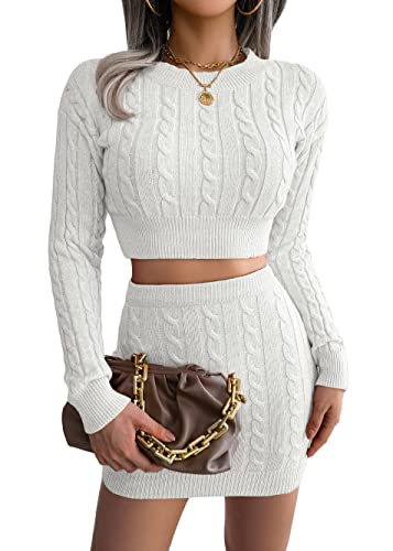 Onsoyours Damen Strickkleid Einfarbig Zweiteiliger Anzug Langarm Kurze Pullover Oberteil und Mini Strickrock Bodycon 2 Stück Set Winter Strick Kleid...