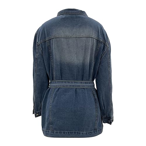 Women's Mid Length Casual Slim Fit Turn Down Denim Jacket With Waist Belt Long Jean2