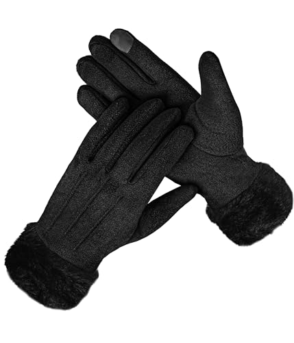 Bobelle Wear Handschuhe Damen Winter, Thermo Touchscreen Winterhandschuhe, Warme Wildleder Strickhandschuhe mit Fleece Gefütterte für Outdoor (Schwarz)