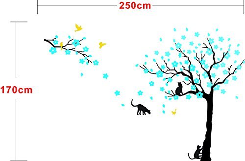 Amaonm 67"X98" Giant Removable Vinyl Black Tree + Blue Flowers + Yellow Birds + Black Cat Wall Decals Stickers Murals Home Decor For Kids Nursery Living Room Bedroom Tv Background Walls #TOP1