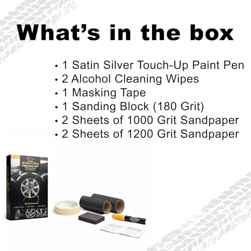 Image of Wheel Scratch Repair Kit | Satin Silver Rim Touch-Up Pen 30ml | Basic DIY Kit with Sanding Block, Alcohol Wipes, Masking Tape & Sandpapers | Restore Painted Alloy Wheels
