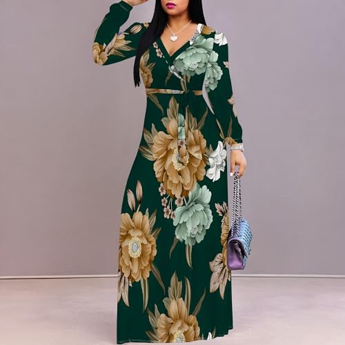 Image of Women Plus Size Long Sleeve V Neck Maxi Dress with Belt | Soft fabric relaxed fit three quarter sleeve v neck with pockets for party and daily wear