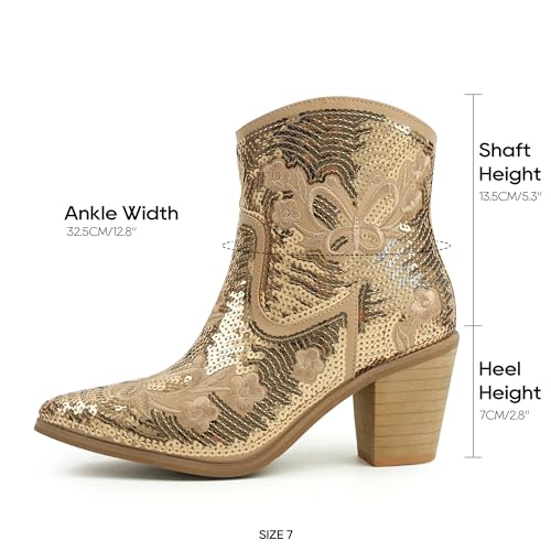 JABASIC Women Western Cowboy Ankle Boots Low Cowgirl Boots with Zipper Short Pointed Toe Booties4