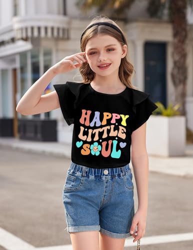 Image of Girls T Shirts Ruffle Short Sleeve Round Neck Loose Blouse Summer Solid Color Casual Girl Tee Tops for 3-12 Years