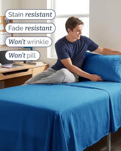 Image of Twin XL 4 Piece Sheet Set - College Dorm Room Essentials - Royal Blue | Ultra Soft Dorm Bedding Set, 8 inch to 16 inch Inch Deep Pockets, 1 Flat & 1 Fitted Sheet & 2 Pillowcases, Wrinkle & Fade Free