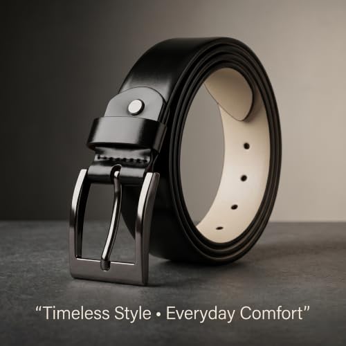Image of Genuine Leather Belt for Men - Premium Formal & Casual Belt with Metal Buckle - Durable Adjustable Waist Belt for Jeans, Trousers & Office Wear
