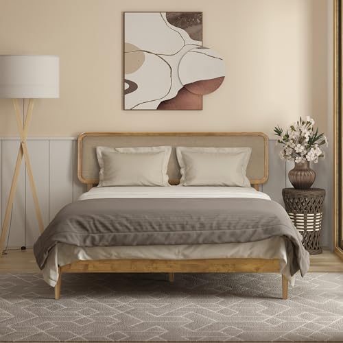 Image of NTC Lupin Wooden Bed Frame with Headboard, Solid Oak and Rubber Wood Foundation with Silent Slats and Wood Central Supports, 1000 Lb Capacity, Queen - Teak Look