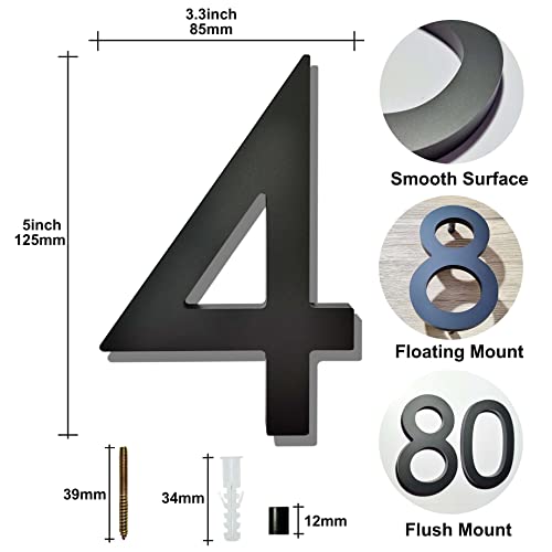 Ywonoby 5 Inch House Numbers for Outside-Large Modern 3D Floating Door Numbers-Weatherproof and Easy to Install-Matte Black Acrylic Number (4) - Image 3