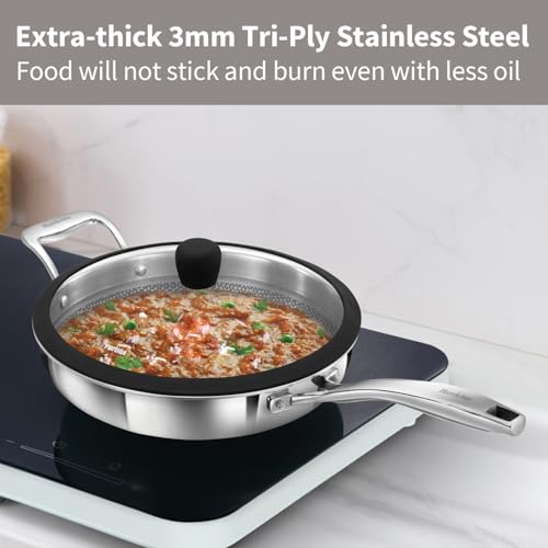 Image of Hawkins 26 cm Triply Stainless Steel Pro Frying Pan | Induction & Gas Compatible | No Burning | Even Heating | with Glass Lid | Silver (PSNF26G)|Induction and Gas Stove Compatible