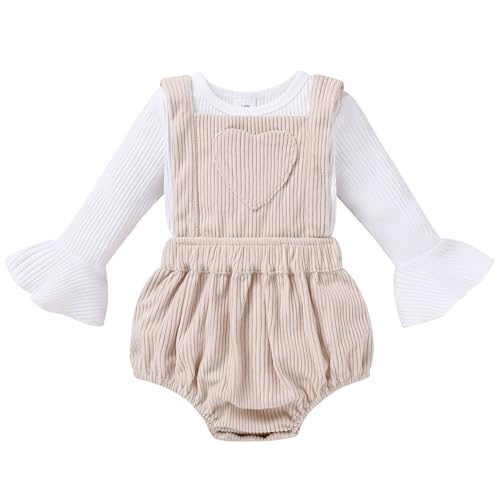 Image of Tiny Cutey Newborn Baby Girl Clothes Bell Sleeve Romper and Corduroy Overalls Shorts Infant Girl Fall Outfits
