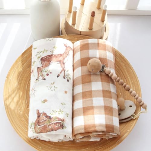 Image of LifeTree Baby Swaddle Blankets, Boys Girls Muslin Swaddling Wrap Receiving Blanket for Newborn, 70% Viscose from Bamboo and 30% Cotton, Large 47 inch x 47 inch, Deer and Checkered