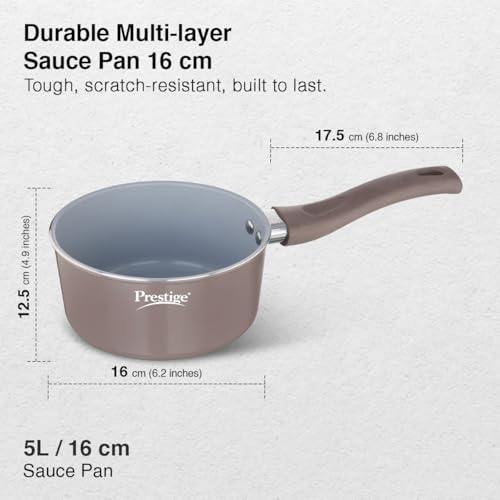 Image of Prestige Ceraglide Duo Sauce pan 16Cm /1.4L with Glass Lid Non-Stick Ceramic Coating|Works On Gas & Induction|High Heating|Cool Touch Handle|Grey