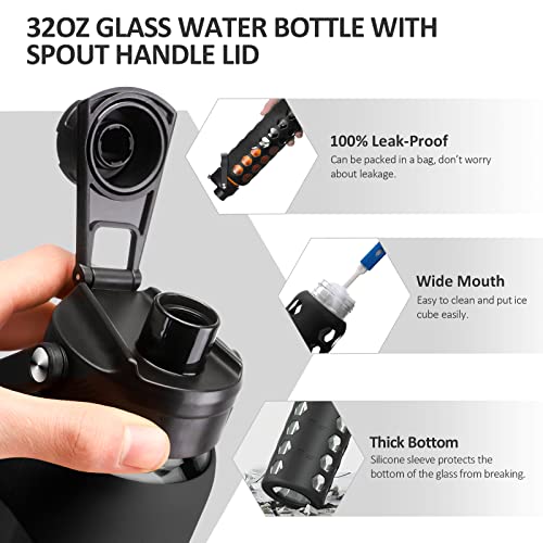 Mukoko 32Oz Glass Water Bottles With 2 Lids-Handle Spout Lid&Bamboo Straw Lid, Motivational Water Tumbler With Time Marker Reminder And Silicone Sleeve, Leakproof-Black-1 Pack #TOP5