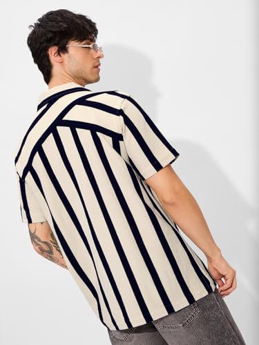 Image of The Souled Store Stripes: Black, White Men and Boys Short Sleeves Collared Neck Button Front Cotton Blend Textured Shirts
