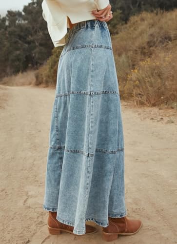 chouyatou Women's Vintage A-Line Maxi Denim Skirt Elastic High Waist Cowgirl Long Jean Tiered Skirt3