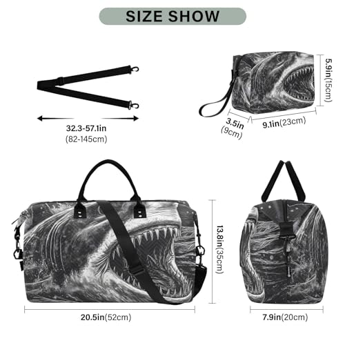 Large Travel Duffel Bag, Shark Attack Sports Tote Gym Bag, Shoulder Weekender Overnight Bag for Women Men, Carry On Luggage with Toiletry Bags3