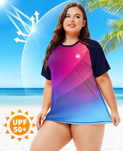 Image of AOBUTE Womens Plus Size Rash Guard Shirts Short Sleeve Swim Top UV UPF 50+ Sun Protection Swimwear Swimsuit