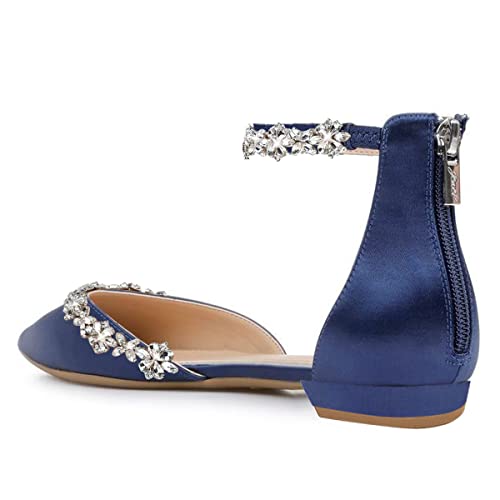 Image of XYD Women Classic Pointed Toe D'Orsay Wedding Flat Sandals Sparkly Rhinestones Ankle Strap Low Heel Dress Shoes with Zipper