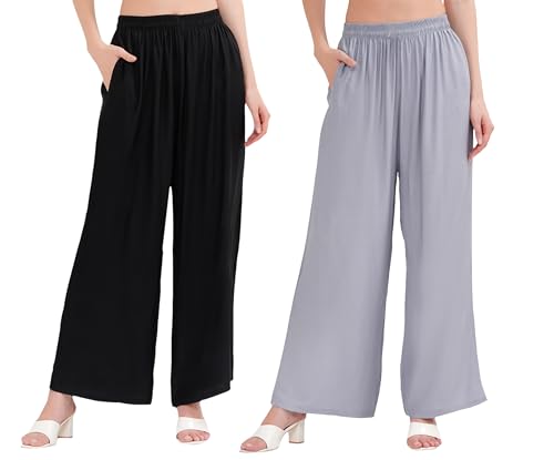 Image of Buy That Trendz Palazzo Pants for Women Cotton Rayon Elasticated Flared Wide Leg Regular Fit M to 6XL Pack of 2