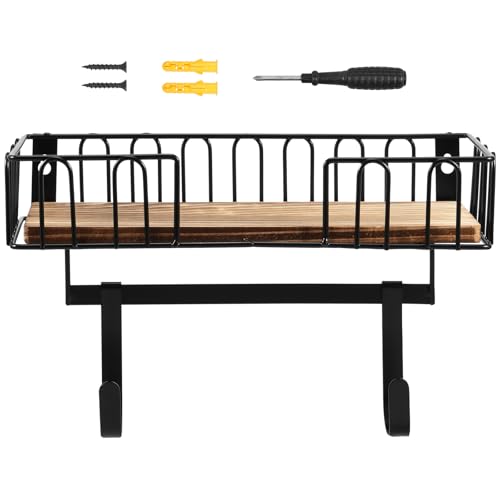 MABCIRY Ironing Board Hanger for T Shaped, Wall Mount Ironing Board Holder, Vintage Ironing and Iron Board Hanger with Wood Storage Base & Removable Hooks for Laundry Bathroom Bedroom