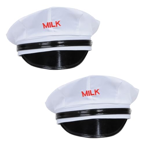 Beistle Milkman Hats 2-Pack White Costume Caps with Black Visor and Red Embroidered Milk for Retro Costumes Uniform-Themed Parties Theater and Dress-Up Adult One Size- 24 Head Circumference