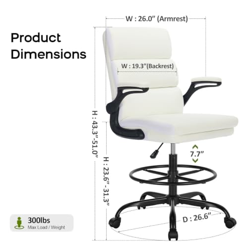 Image of Drafting Chair Tall Office Chair with Padded Flip-up Armrests Executive Ergonomic Computer Standing Desk Chair with Comfortable Leather Backrest and Adjustable Footrest Ring (White)