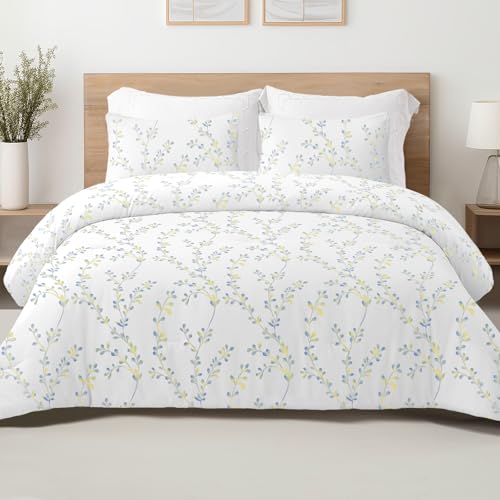 Exclusivo Mezcla Reversible Queen Comforter Set 3 Pieces Microfiber Bedding Down Alternative Comforter for All Seasons with 2 Pillow Shams Floral Pattern White