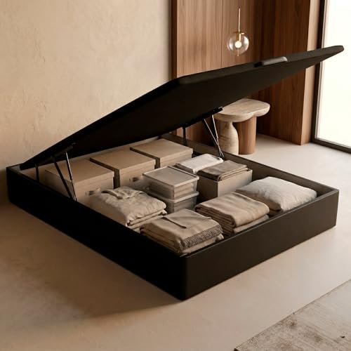 ROYAL SLEEP Canapé Abatible de Madera | 150x190 | Montaje y Retirada de Usado Incluido | Gran Capacidad | Tapa 3D Transpirable | 32 cm | Color Negro | Space Bed