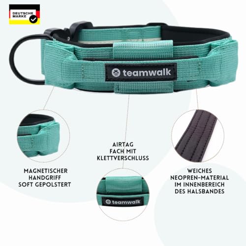teamwalk® Premium Hundehalsband - mit Magnetgriff, Leuchtstreifen, Air-Tag Tasche, individuell einstellbar, weiche Polsterung, robuste Schnalle, mit passender Leine erhältlich, JETZT NOCH Leichter(M)