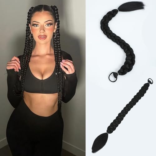 Ponytail Extension Ponytail-Extensions -for-Black-Women24inch 2pc Braided-Ponytails-Extension Braid-Extensions-Long-Braided-Ponytail-Extension(Natural Black)