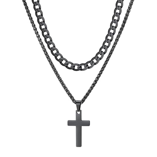ChainsHouse Layered Cross Necklace for Men, Stainless Steel/Black/Gold Plated Cuban/Barbed Wire Necklace with Cross/Crucifix Pendant Religious Jewelry Gift Set for Dad, Husband 22'' chain+24