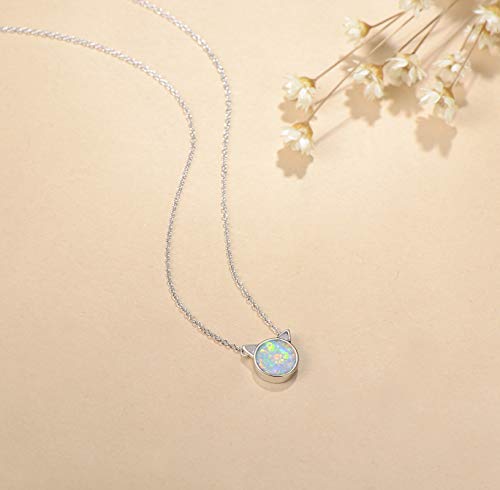 FANCIME Sterling Silver White Created Opal Cute Cat Pendant Necklace Small Dot Round Disc Fine Jewelry For Women 16+2 inch Extender2