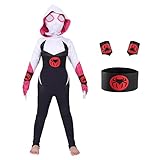 2023 New Superhero Acoss The Spider Verse Gwen Spandex 3D Style Halloween Anime Costume for Kid Girls Bodysuit Zentai Cosplay Jumpsuit (Girl, 140)