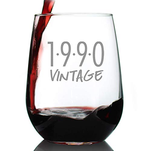 Vintage 1990-30th Birthday Stemless Wine Glass Gifts for Women & Men Turning 30