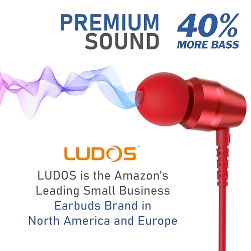 Image of LUDOS OMNITONE Wired Earbuds in-Ear Headphones, 5 Year Warranty, Earphones with Microphone, 3.5 mm Jack Corded Ear Buds, Videoconference for iPhone, Samsung, Laptop, Kids, School Students - Red