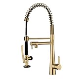 GICASA Kitchen Faucet, Solid Brass Brushed Gold Kitchen Faucet, Heavy Duty Spring Single Handle Kitchen Faucets with Pull Down Sprayer and Pot Filler, Brushed Gold Commercial Kitchen Faucet