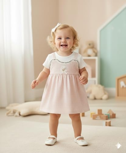 Image of A.T.U.N. (ALL THINGS UBER NICE) Baby Girls Checked Pinafore Style Dress with Inner Tee Short Sleeves | Soft Cotton Fabric | Decorative Front Bow Detail | Stylish Casual for Babies
