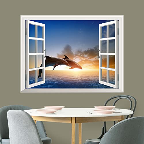 Wall26 Removable Wall Sticker/Wall Mural - Beautiful Couple Jumping Dolphins At Sea Sunset | Creative Window View Home Decor/Wall Decor - 24"X32" #TOP2