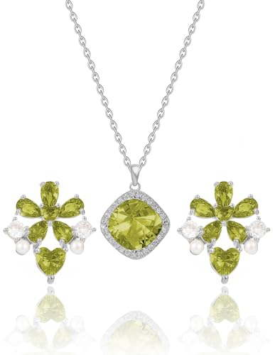 JIEMUCHU Sterling silver pearl jewelry set with shiny zircon, pearl earrings necklace set for women, wedding jewelry for brides Bridesmaids, Mother's Day (Light Green-White Gold Plated)