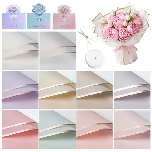 Eudomis 30 Blatt Blumenstrauß Geschenkpapier 58x58 cm Wasserdichtes Verpackungspapier mit Schere und Band Blumen Papier mit Band Geschenke Kunst & Handwerk10 Farben