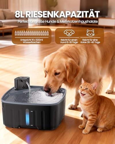 Kittyspout Trinkbrunnen für Hunde Kabellos 8L/270 oz Grosse Hundebrunnen Katzenbrunnen mit Bewegungsmelder, Hunde Trinkbrunnen Kabellos mit Akku 4000mAh, mit Leiser Pumpe und Aktivkohlefilter